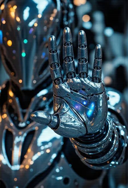 Cinematic extreme close-up of a faceless android warrior extending its hand toward the camera—each articulated finger a masterpiece of fractal engineering, its surface a labyrinth of nano-paneled mirrors shifting between liquid mercury and black obsidian. The helmet remains sleek, its V-shaped faceplate now a prismatic void, bending ambient light into spectral flares that dance across its iridescent shell. RGB reflections warp across its palm like data storms, revealing hidden subdermal circuitry beneath the flawless chrome.
The background dissolves into a decaying megacity—blurred neon signs and shattered glass refracting across the android’s armor, as if the world itself is being absorbed into its design. Cinematic lighting carves the scene in two: the cold, clinical glow of the android’s bioluminescent seams versus the rusted warmth of the dystopian ruins. The depth of field is razor-thin, focusing only on the hand’s impossible surface—where every micro-scratch tells a story of battles fought in silent code.
Key detail: The fingertips are slightly translucent, revealing a pulse of cyan energy beneath, as if the machine is moments away from interfacing with reality itself.
Palm surface: 90% reflective, 10% holographic glyphs (fractal UI:1.2), Ambient light warped into RGB fractals (prismatic distortion:1.4), Background: Industrial decay as a smeared oil painting (motion-blurred grime:1.1)