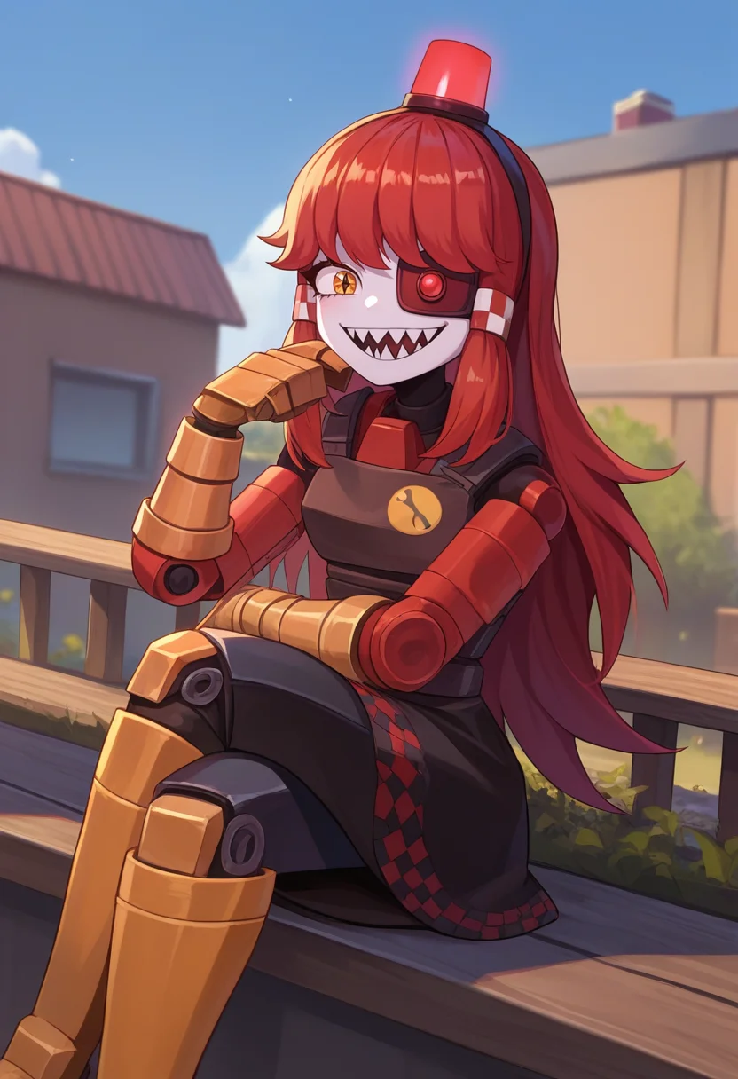 score_9, score_8_up, score_7_up, source_anime, solo, 1girl, mimi sentry, sharp teeth, smile, looking at viewer, sitting, crossed legs, eyepatch, black dress, outdoors <lora:gijinkaseries_mimisentry_ponyXL-000004:1>