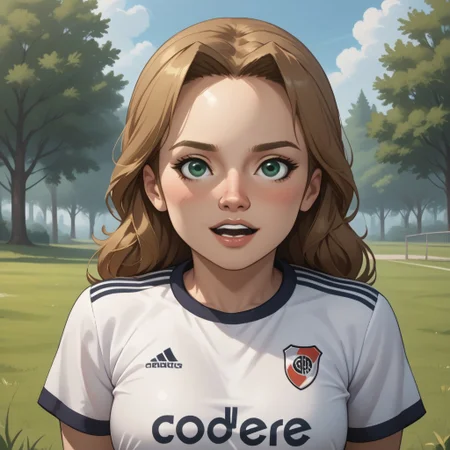 score_9, score_8, BREAK, solo, wii, mii, wii sports resort, 1girl, female mii, tree shaped nose, green eyes, light brown hair, open mouth, teeth, blush, RiverPlate, striped shirt, striped, shirt, white shirt, short sleeves, clothes writing, sportswear, soccer uniform, cute, nintendo mii, modern_mii, classic_mii, breasts, Ursula_(\Wii_Sports_Resort\), adult female, mature female, sexy pose, self portrait, smile, outdoors, sunlight, shadows, evening lighting, natural lighting, forest, trees, grass, orange sky, sunset