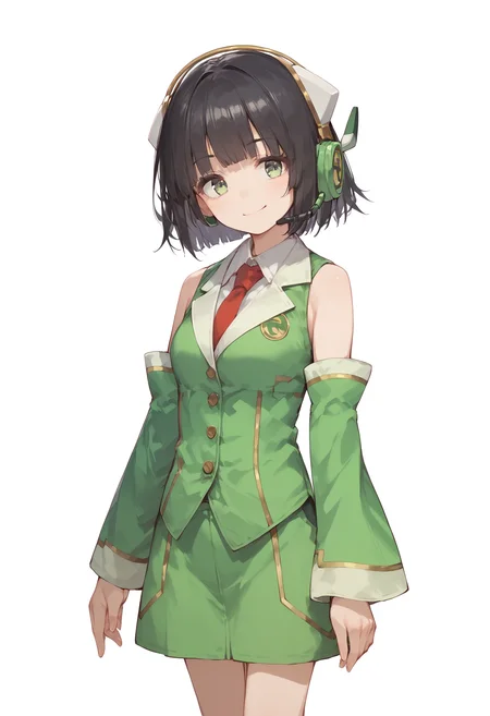 score_9, score_8_up, score_7_up, source_anime, <lora:lowres_concept_ponyXL_v1:-0.3> 1girl, solo, looking at viewer, smile, 
 <lora:kyoumachi_seika_ponyXL_v3-20:1> kyoumachi seika, black hair, short hair, green eyes, headset, shirt, red necktie, green skirt, detached sleeves,