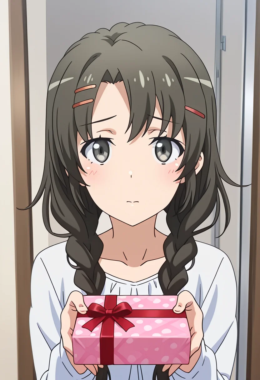 1girl, oregairumeguri, brown hair, long hair, twin braids, hairclip, black eyes, looking at viewer, cute, incoming gift, season1art, <lora:Meguri_ill_v1:1>, masterpiece, best quality, high quality, detailed, absurdres