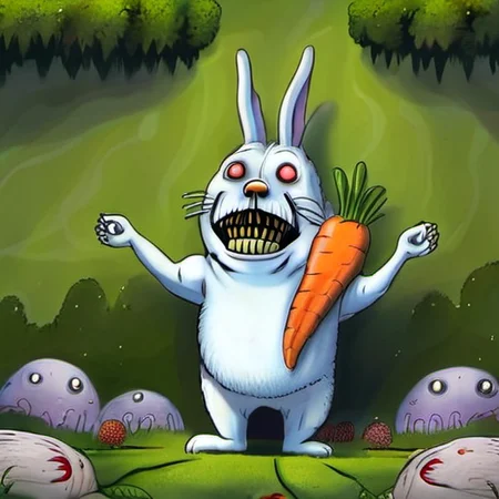 a monster rabit eating a lage screaming carrot with arms and face in a nice garden <lora:rob_sheridan_drawing_style:1>