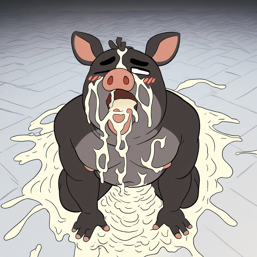 score_9, score_8_up, score_8, furry, pig, snout, black fur, cartoon style, smooth lines, countershading, soft shading, 2d, extreme detail, 4K, high definition, high resolution, overweight male, chubby, fat, extra thicc, big belly, pecs, thick thighs, wide hips, nude, (on knees:2.0) looking up at viewer, high angle, (cum covered:2.0), excessive cum, (cum pool:2.0), bukkake, (multiple cumshots from offscreen:2.0), (cum on face:1.5), horny expression, tongue out, (cum on tongue:1.5), (cum on chest:1.5), one eye closed, blush, inside, on floor