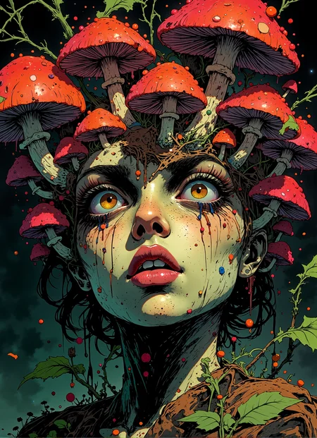 VibrantlySharp style,
animeniji,
3pic_vist4, An eldritch girl crowned in toadstools, her face half-submerged in ink, with clusters of toxic red mushrooms emerging like tumors, each stalk veined and pulsing, her expression solemn, eyes wide and ancient, lost in the fog of a fungal dream, dripping spores blurring the edges of her fading humanity.