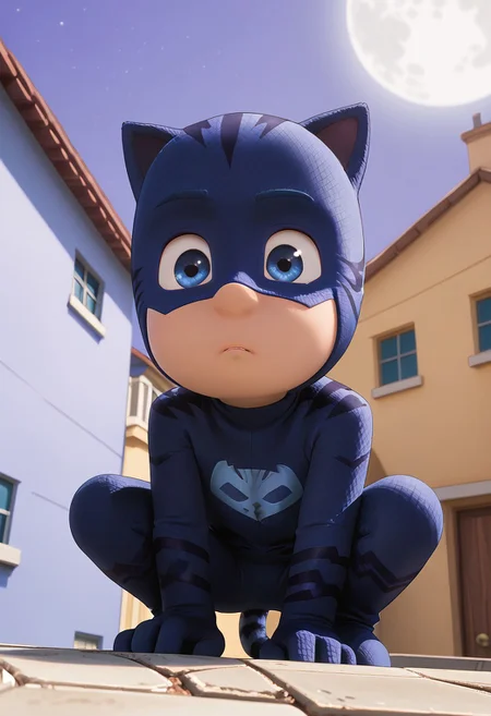 (score_9, score_8_up, score_7_up), highly detailed, cute boy, masterpiece, best quality, high quality, detailed, round face, round eyes, petite, flat chested, aged down, cute, kawaii, short, 1boy, solo, Catboy Costume, Blue Eyes, Cat Ears, Tail, low angle view, foreshortening, dynamic view, dutch angle, looking away, serious, squatting, on roof ledge, perching, perfect detail, perfect eyes, perfect face, perfect mouth, night time, moonlighting, moon in background, natural lighting, (ray tracing, good shadows)
