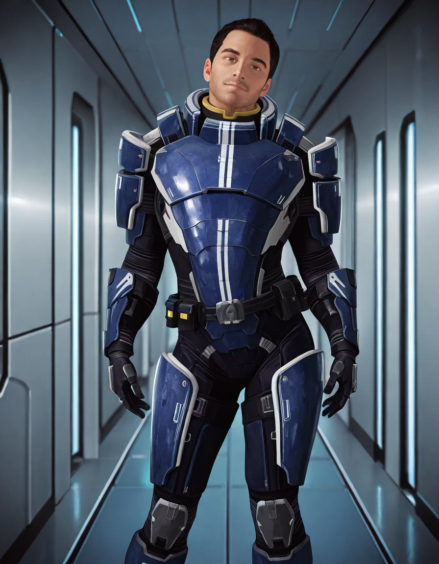 masterpiece, best quality, newest, perfect quality, best quality, detailed background, intricate details, male focus, solo, realistic, <lora:Mass Effect - Kaidan Alenko - Illustrious 2-000007:0.8>, mekalenko, 1boy, adult male, black hair, short hair, thick stubble, brown eyes, looking at viewer, spacecraft interior, head tilt, hallway, spacesuit, belt, gauntlets, boots, standing, contrapposto, (smile:0.5)