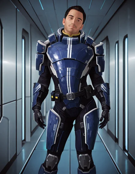 masterpiece, best quality, newest, perfect quality, best quality, detailed background, intricate details, male focus, solo, realistic, <lora:Mass Effect - Kaidan Alenko - Illustrious 2-000007:0.8>, mekalenko, 1boy, adult male, black hair, short hair, thick stubble, brown eyes, looking at viewer, spacecraft interior, head tilt, hallway, spacesuit, belt, gauntlets, boots, standing, contrapposto, (smile:0.5)
