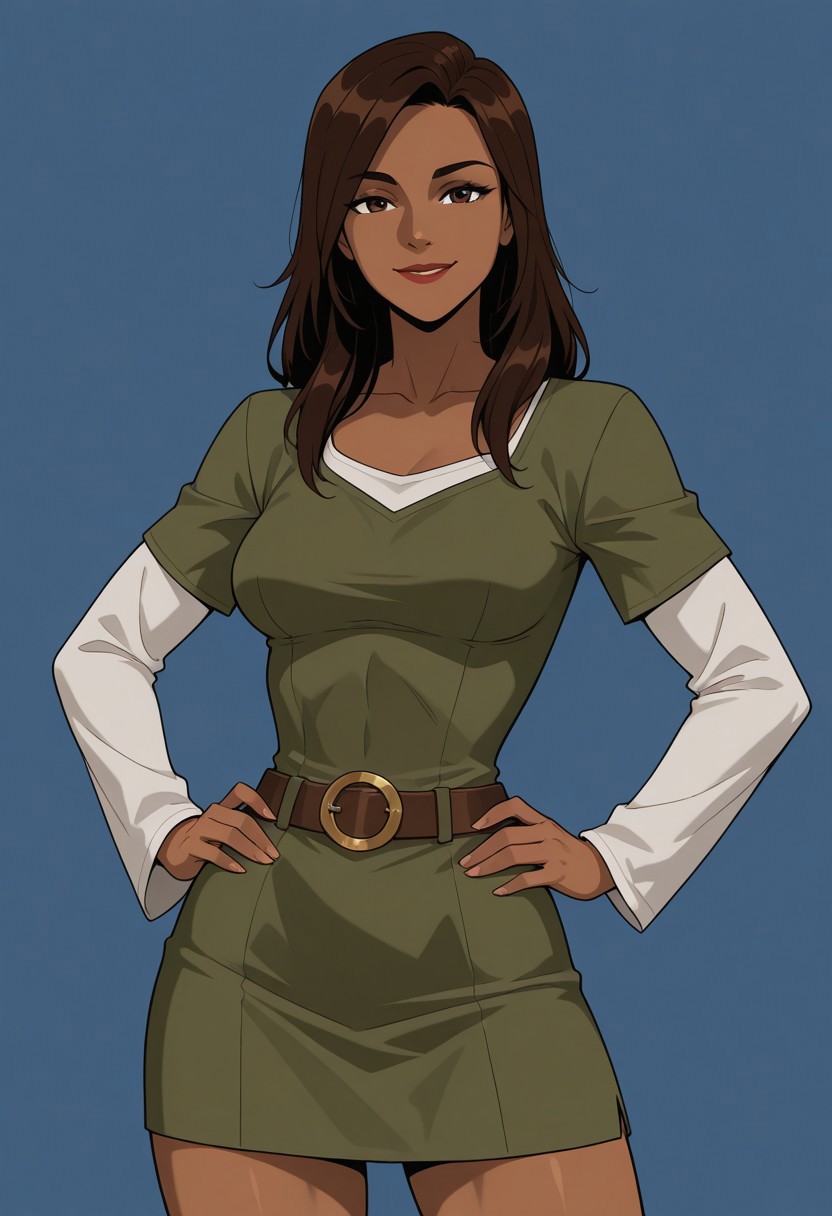 Blue background, simple background, solid color background, 2d, 1girl, solo, Marvel, AvaAyala, toned female, medium breasts, narrow waist, wide hips, long hair, brown hair, short dress, brown eyes, dark skin, dark-skinned female, ebony, ebony female, makeup, lipstick, green dress, layered sleeves, short over long sleeves, belt, Upper body, hands on hips, looking at viewer, smile, happy expression