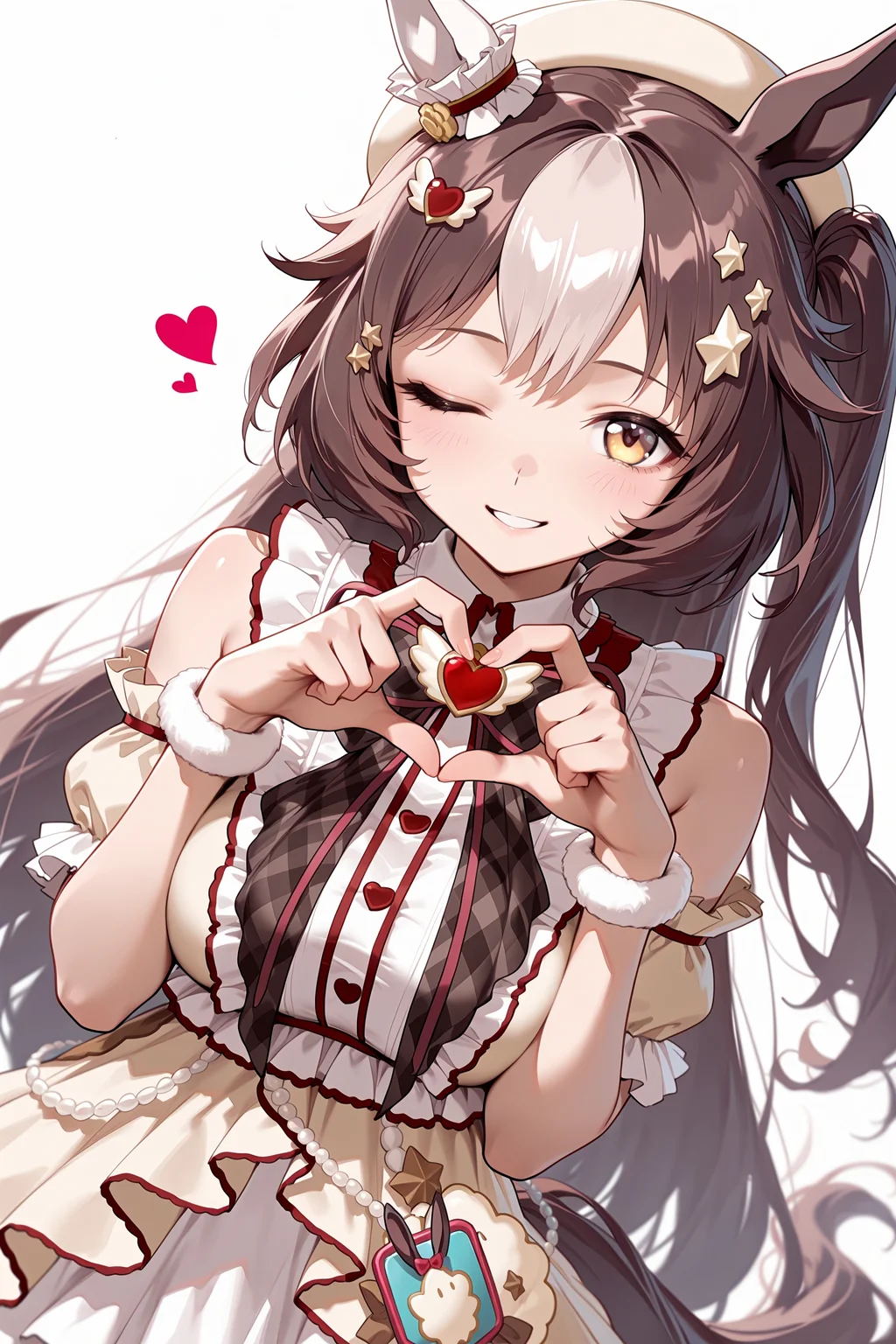1girl, solo, yamanin zephyr \(sugary wind\) \(umamusume\), horse girl, horse tail,
seductive smile, one eye closed,
standing, contrapposto, heart hands,
white background,
upper body, dutch angle, looking at viewer, <lora:sugarywindillv1:0.9>,, masterpiece, best quality, amazing quality, very aesthetic, absurdres, highres, newest,<lora:xl_saturation_slider:0.1> <lora:add-detail-xl:1> <lora:illustriousXLv01_stabilizer_v1.121:0.4> <lora:reduce_wrinkles_illstriouosv0.1_ADDifT_2_in_1_v1.2:0.9>