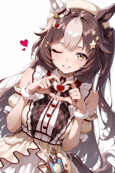 1girl, solo, yamanin zephyr \(sugary wind\) \(umamusume\), horse girl, horse tail,
seductive smile, one eye closed,
standing, contrapposto, heart hands,
white background,
upper body, dutch angle, looking at viewer, <lora:sugarywindillv1:0.9>,, masterpiece, best quality, amazing quality, very aesthetic, absurdres, highres, newest,<lora:xl_saturation_slider:0.1> <lora:add-detail-xl:1> <lora:illustriousXLv01_stabilizer_v1.121:0.4> <lora:reduce_wrinkles_illstriouosv0.1_ADDifT_2_in_1_v1.2:0.9>