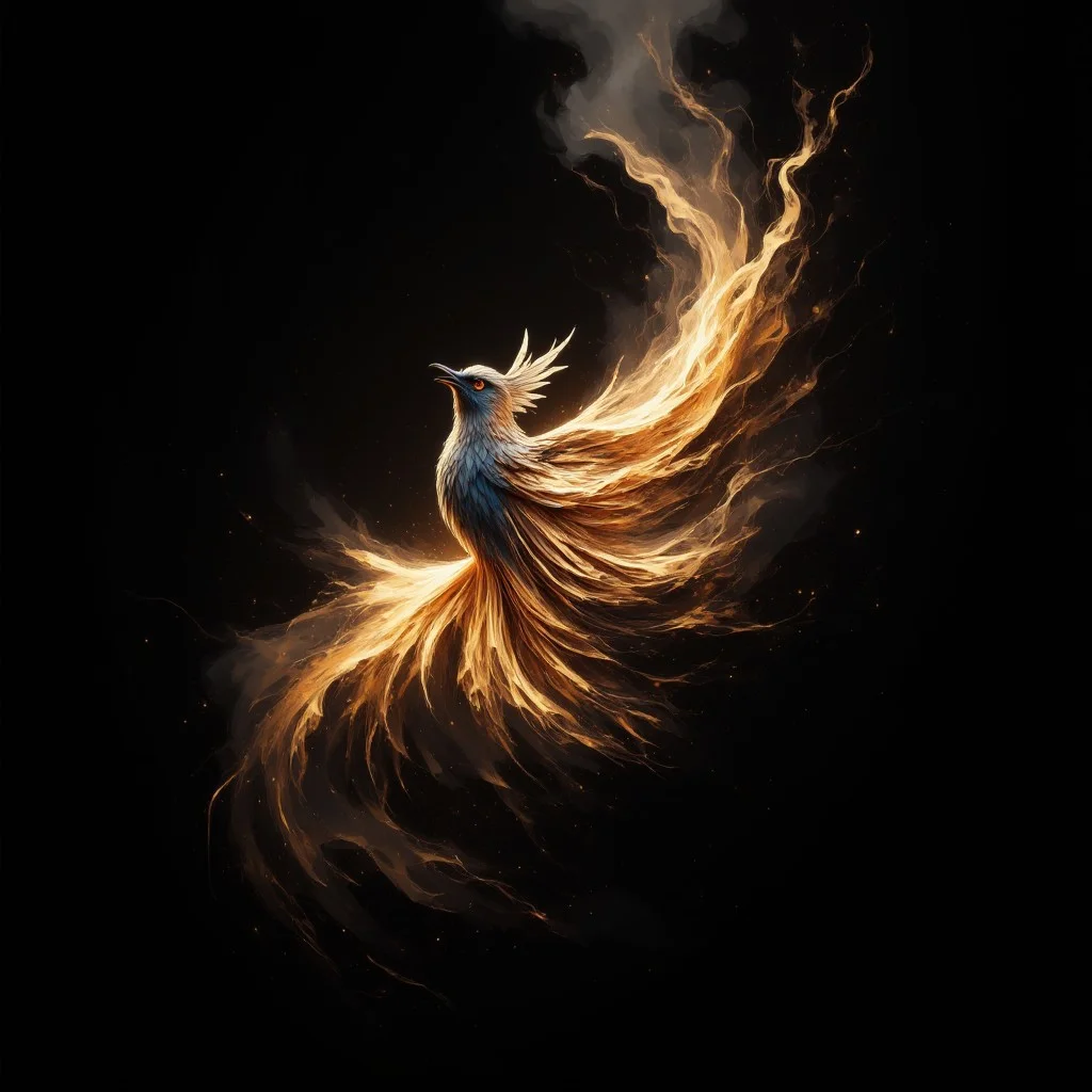 bird made out of singular intricately flowing light strands against a black background, swirling particles, abstract graphics, contours of a burning tree hidden in smoke, majestic, concept art, flowing light, glowing dust
