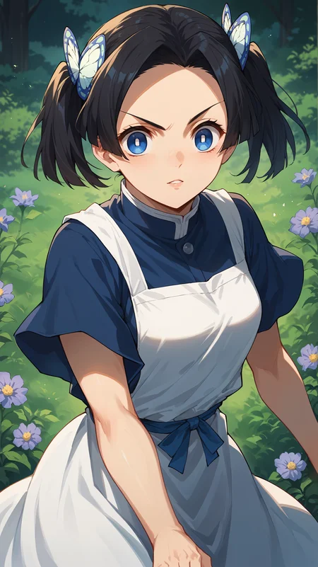 score_9,score_8_up,score_7_up,score_6_up, source_anime, zPDXL3, <lora:xl_more_art-full_v1:0.5>, girl, dynamic pose, looking over her shoulder, <lora:Aoi Kanzaki - Pony-000004:0.8>, black hair, short twintails, blue eyes, butterfly hair ornament, hair ornament, blue shirt, blue pants, white apron, meadow, wild flowers,