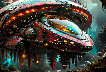 In outer space, a long shot of a Spaceship, by Moebius and H. R. Giger and Stefan Martiniere and Tomer Hanuka, (A giant bioluminescent futuristic spaceship, hyper detailed, award winning on artstation.com,(intricate details, masterpiece, best quality:1.4), wide angle view, dense fog, Different shades of red and gold and yellow, embellished with turquoise decoration, fractal art, in the style of nicola samori, Intense gaze, Bright... ,Model, expression, anthro, facial expression, Intense gaze, Anthro... woman, Genetically modified..., bioluminescent, glowing, spcrft