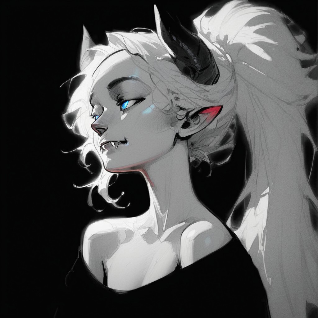 (Blend_in, black background), score_9, score_8_up, score_7_up, (sketch, monochrome, greyscale, spot color, sidelightning, cowboy shot, upper body), mature, beautiful, stunning, Lynn Pink, blue eyes, ponytail, tail, horns, pointy ears, fangs, (((adult))), small breasts, simple black shirt, long sleeves, off shoulder, no bra, looking away, head turned to the side, arms at sides