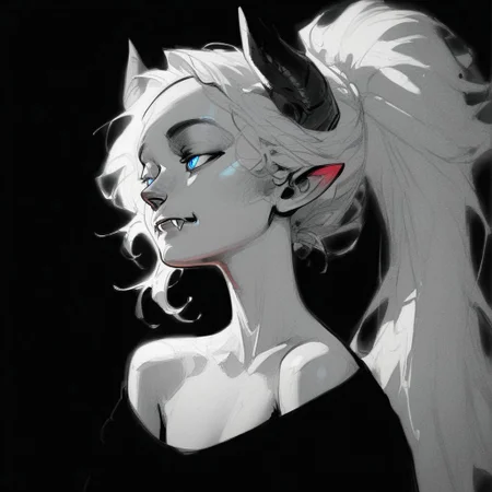 (Blend_in, black background), score_9, score_8_up, score_7_up, (sketch, monochrome, greyscale, spot color, sidelightning, cowboy shot, upper body), mature, beautiful, stunning, Lynn Pink, blue eyes, ponytail, tail, horns, pointy ears, fangs, (((adult))), small breasts, simple black shirt, long sleeves, off shoulder, no bra, looking away, head turned to the side, arms at sides