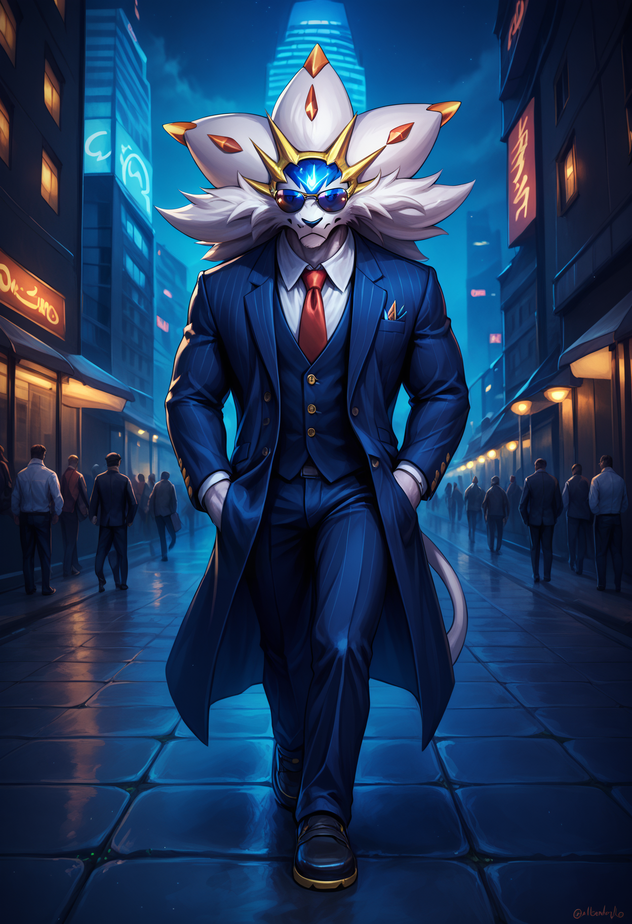 zPDXL3, score_9_up, score_8_up, score_7_up, detailed face, detailed body, detailed background, perfect hands, perfect anatomy, masterpiece, high quality, best quality, rating_safe, digital media \(artwork\) BREAK solo, city, night, solgaleo, pokemon (creature), white body, anthro, glowing, muscular, broad shoulders, closed mouth, serious, suit, tie, hand on pocket, walking, sunglasses <lora:detailed_notrigger:1>  <lora:Solgaleo_Pokemon_V1:0.8>