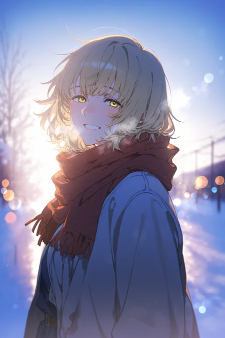 masterpiece, best quality, absurdres, safe
1girl, falin thorden, yellow eyes, breath, scarf, looking at viewer, smile,
backlighting, bokeh, lens flare, [blue theme::0.1]
artist:yoneyama mai,
artist:konya karasue,
<lora:backlighting_il_2_d16:1>