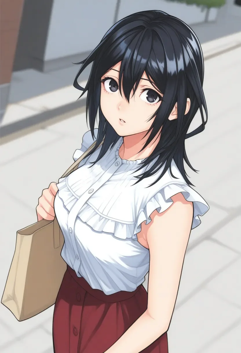 AzChizuru, 1girl, solo, traditional media, upper body, dutch angle, standing, looking at viewer, medium breasts, from above,
blurry background, outdoors, day, street,
black hair, black eyes, medium hair, hair between eyes, bangs, parted lips,
frilled blouse, sleeveless blouse, buttons, long skirt, casual, tote bag,
best quality,amazing quality,very aesthetic,absurdres
<lora:AzChizuru:1>