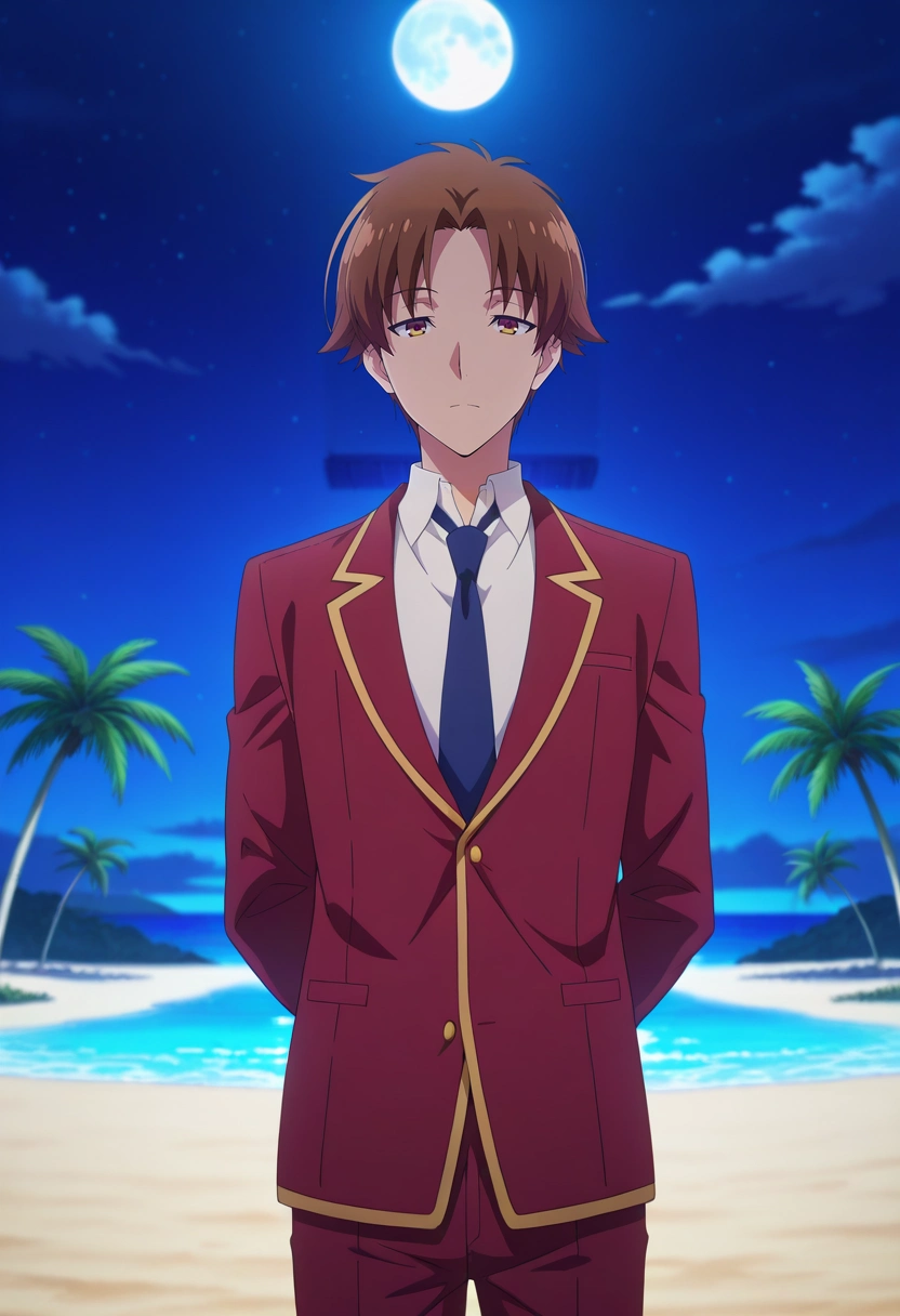 masterpiece, best quality, , anime screencap, anime coloring, official style, looking at viewer, 1boy, solo, male focus, <lora:kiyotaka_ayanokouji_ilxl:0.9>, kiyotaka_ayanokouji, brown hair, brown eyes, short hair, bangs, parted bangs, school uniform, jacket, necktie, collared shirt, blazer, wide angle, wide shot, cowboy shot, beach, palm tree, towel, night, full moon, arms behind back, relaxed, ,
