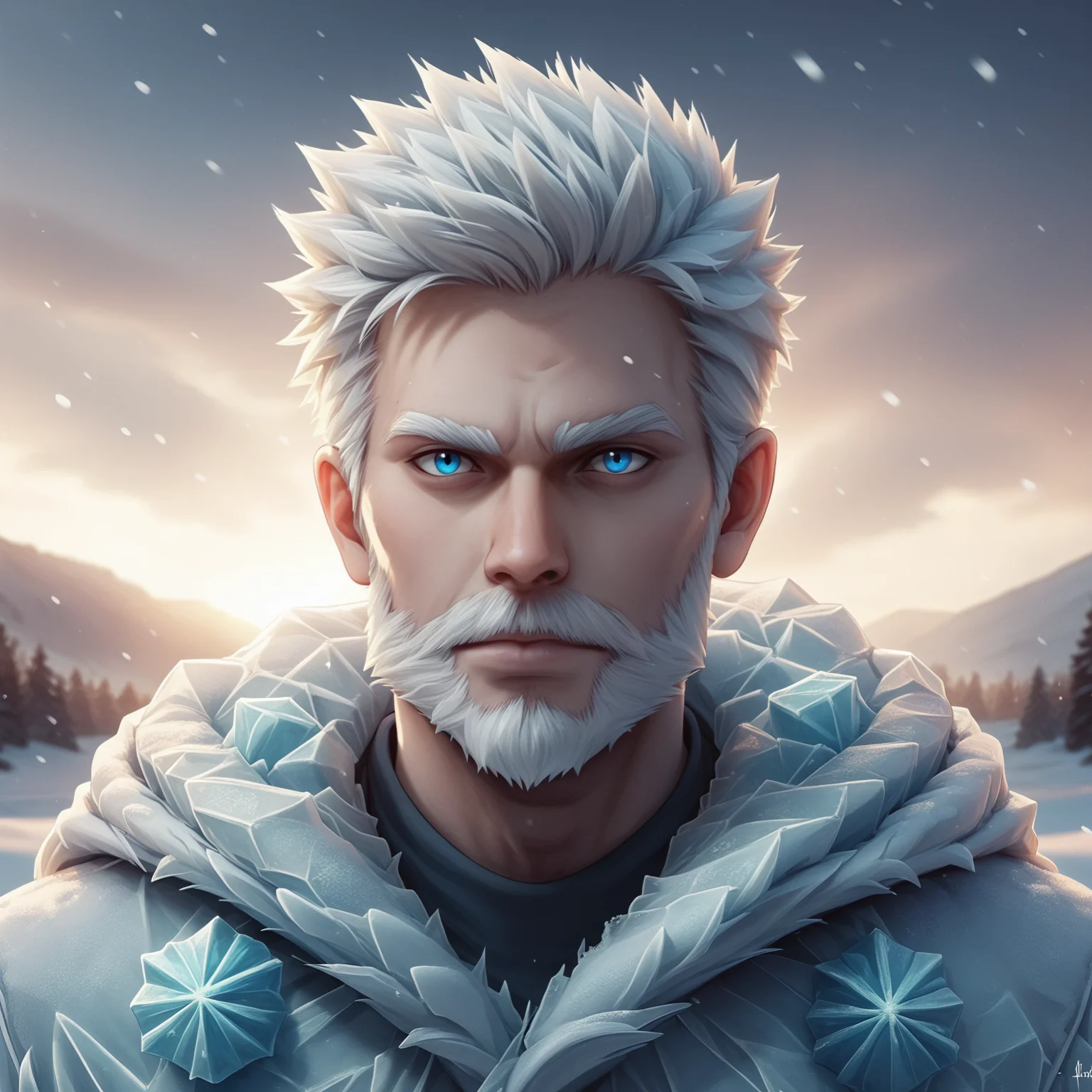 score_9, score_8_up, score_7_up, score_6_up, score_5_up, score_4_up, fr0stwrld, snow, ice <lora:Fr0stWrld-000010:1> BREAK
human, male, upper body, white hair, blue eyes, looking at viewer, white beard, fur coat