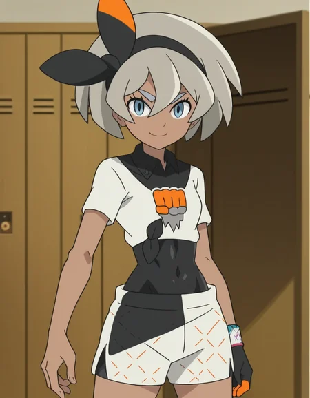 score_9, score_8_up, score_7_up, source_anime, <lora:pokemon-bea-anime-ponyxl-lora-nochekaiser:1>, pokemonbea, blue eyes, dark skin, dark-skinned female, grey hair, hair between eyes, short hair, ribbon, hair ribbon, hairband, black ribbon, black hairband,, bodysuit, covered navel, shorts, single glove, glove, crop top, white shirt, short sleeves, collar, white shorts,, school hallway, lockers, between classes, everyday life, smile, looking at viewer, solo,, cowboy shot, dutch angle