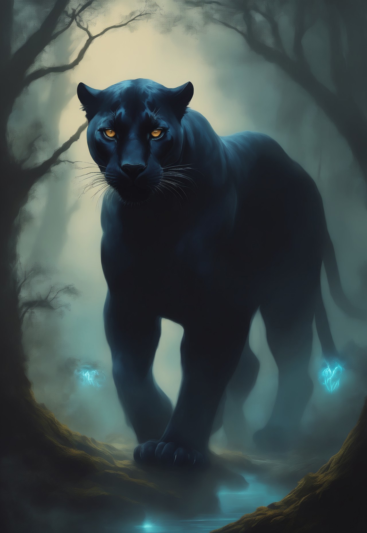 A sleek, midnight-black panther with glowing silver eyes and spectral, misty fur prowls through a highland jungle, half-concealed by the creeping fog. Its form appears to flicker between solid and shadow, giving it an ethereal presence. Bioluminescent fungi glow faintly in the background, illuminating ancient twisted roots and stones. Ink drips and painterly smudges blur the line between the physical and the spectral, making the panther feel like a guardian of unseen realms