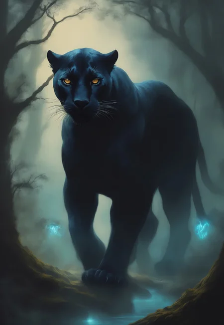 A sleek, midnight-black panther with glowing silver eyes and spectral, misty fur prowls through a highland jungle, half-concealed by the creeping fog. Its form appears to flicker between solid and shadow, giving it an ethereal presence. Bioluminescent fungi glow faintly in the background, illuminating ancient twisted roots and stones. Ink drips and painterly smudges blur the line between the physical and the spectral, making the panther feel like a guardian of unseen realms