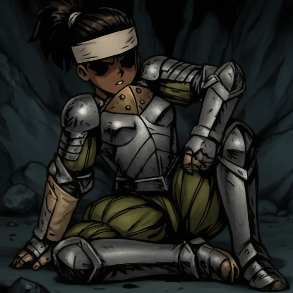 masterpiece, best quality, newest, absurdres, highres, anime, anime style, vintage anime, 90s anime, DDstyle, official style, black eyes, shaded eyes, 1girl,  DD-Arba-V1.0, dark-skinned female, dark skin, dredlocks, armor, breastplate, armor, headband, greaves, quiver, ponytail, pauldrons