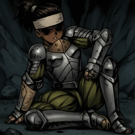 masterpiece, best quality, newest, absurdres, highres, anime, anime style, vintage anime, 90s anime, DDstyle, official style, black eyes, shaded eyes, 1girl, DD-Arba-V1.0, dark-skinned female, dark skin, dredlocks, armor, breastplate, armor, headband, greaves, quiver, ponytail, pauldrons
