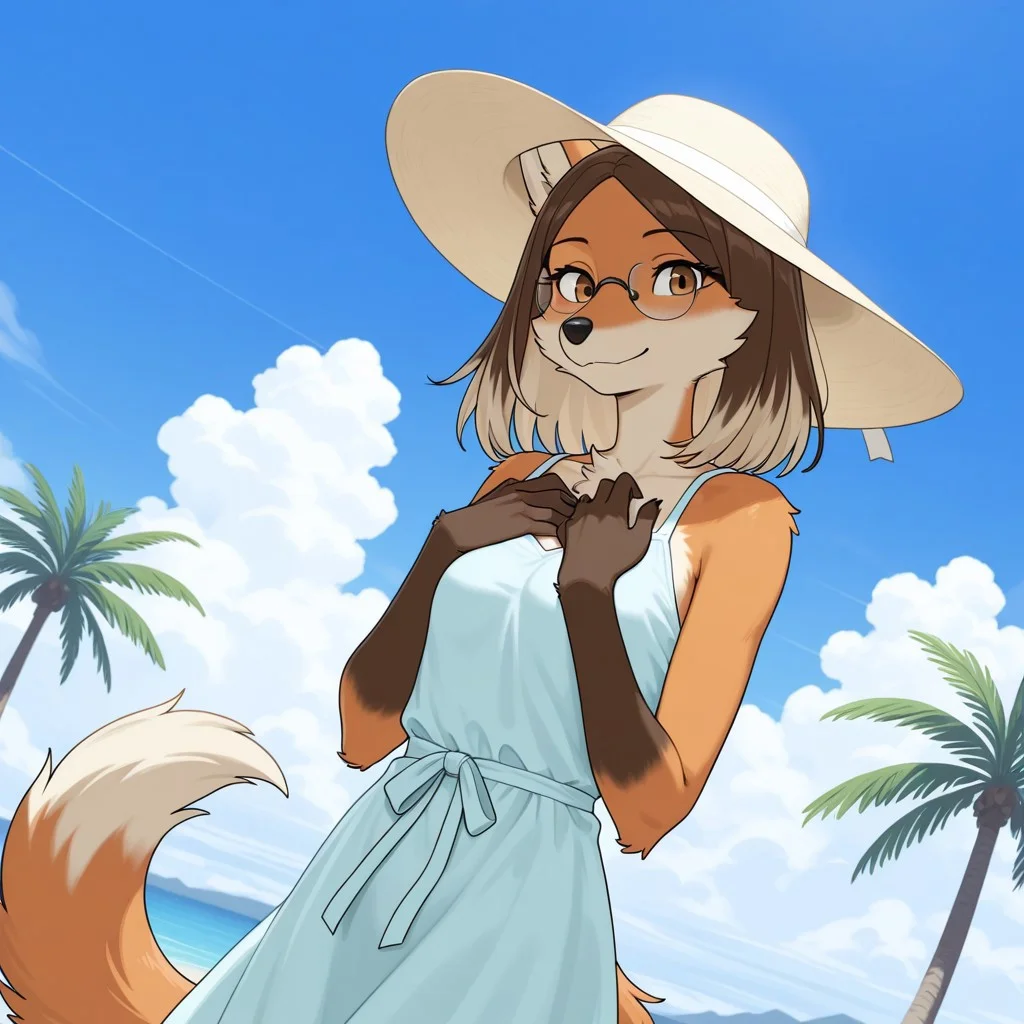 masterpiece, high quality, best quality, ((solo)), furry, anthro, volumetric lighting, rim lighting, no humans,
BREAK (Lydia(Zenia), wolf, maned wolf girl, maned wolf, redish brown fur, dark brown hair, two-toned hair, medium hair, brown eyes, black nose, long wolf tail, medium chest, smile, light blue sundress, sun hat, hands on chest, regular thin frame glasses, looking at viewer),
BREAK boulevard, palm trees, blue sky, clouds, dutch angle