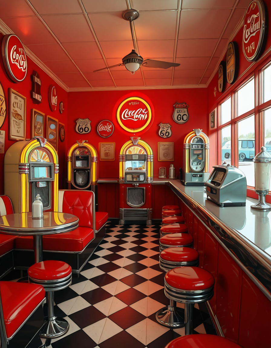 A classic 1950s American diner with a nostalgic retro atmosphere. The interior features red and white leather booth seating, chrome-trimmed tables, and a long counter with matching red barstools. A vintage jukebox with colorful neon lights stands against the wall, ready to play rock 'n' roll hits. The checkered black-and-white floor contrasts with pastel-colored walls adorned with Coca-Cola signs, Route 66 memorabilia, and classic diner menus. A row of shiny chrome napkin dispensers and glass salt and pepper shakers sit neatly on the tables. A milkshake machine and an old-fashioned soda fountain rest behind the counter, next to a vintage cash register. Large windows let in soft daylight, reflecting off the gleaming surfaces, creating a warm and inviting retro ambiance.
<lora:SDXLFaeTastic2400:0.4> <lora:extremely_detailed:0.4> extremely detailed,1950s American d1n3r, <lora:1950s_American_d1n3r-i:1>, Masterpiece,best quality,hi res,8k,hi res,8k,award winning,(sharp focus, intricate, highly detailed),