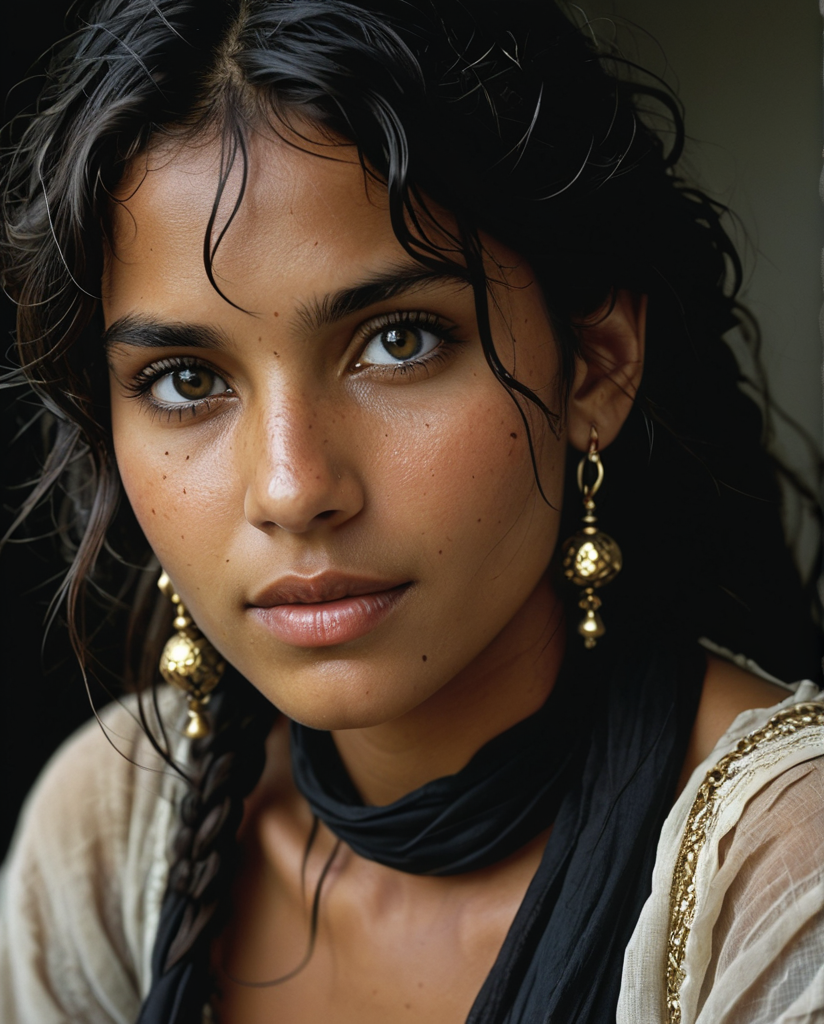 Portrait of a gypsy girl, lying on the ground, profile, wavy black hair, loose and messy hair, strands on her face, hyper-detailed black eyes, direct gaze, dark skin, straight nose, full lips, (mouth ajar: 1.5 ), (smile:1), long face, black scarf around the neck, earrings, fashion style, (Steve McCurry, Herb Ritts, Mario Sorrenti), jasmine, musk, sensuality, earthy tones, black background, studio posture, light side, high contrast, photo quality, 4K