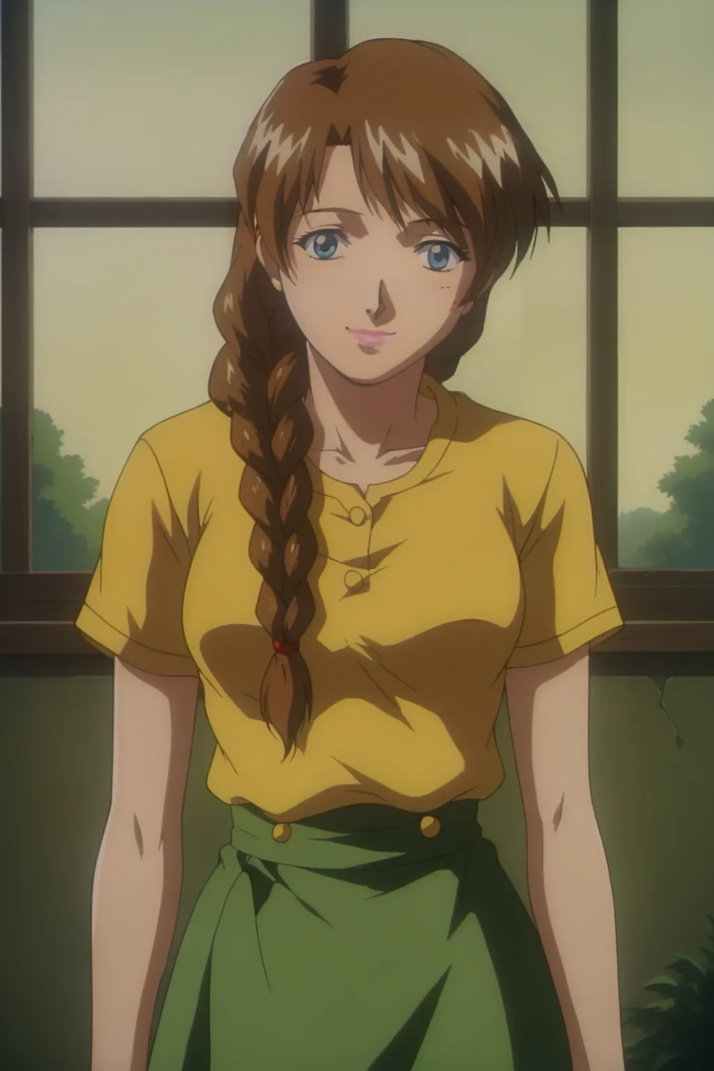 score_9, best, masterpiece, uncensored,
indoors,
1girl, solo, smile, 1990s (style), retro artstyle,
DWKojiYukiKimoto, braid, brown hair, yellow shirt, skirt,
pink lips,
<lora:DWKojiYukiKimoto_V3:0.8>​​​