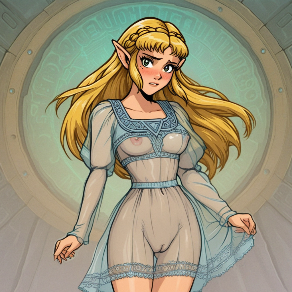 source_hentai, score_9, score_7_up, (4k4bur5tyl3), retro_artstyle, science_fiction, BREAK, Princess Zelda, long hair, (blonde hair), green eyes, perfect eyes, eyelashes, blonde eyebrows, blush, looking at viewer, rating_explicit, 1girl, solo, mole under eye, mole on thigh, dress, see-through, lingerie, covered nipples, cameltoe, detailed background,