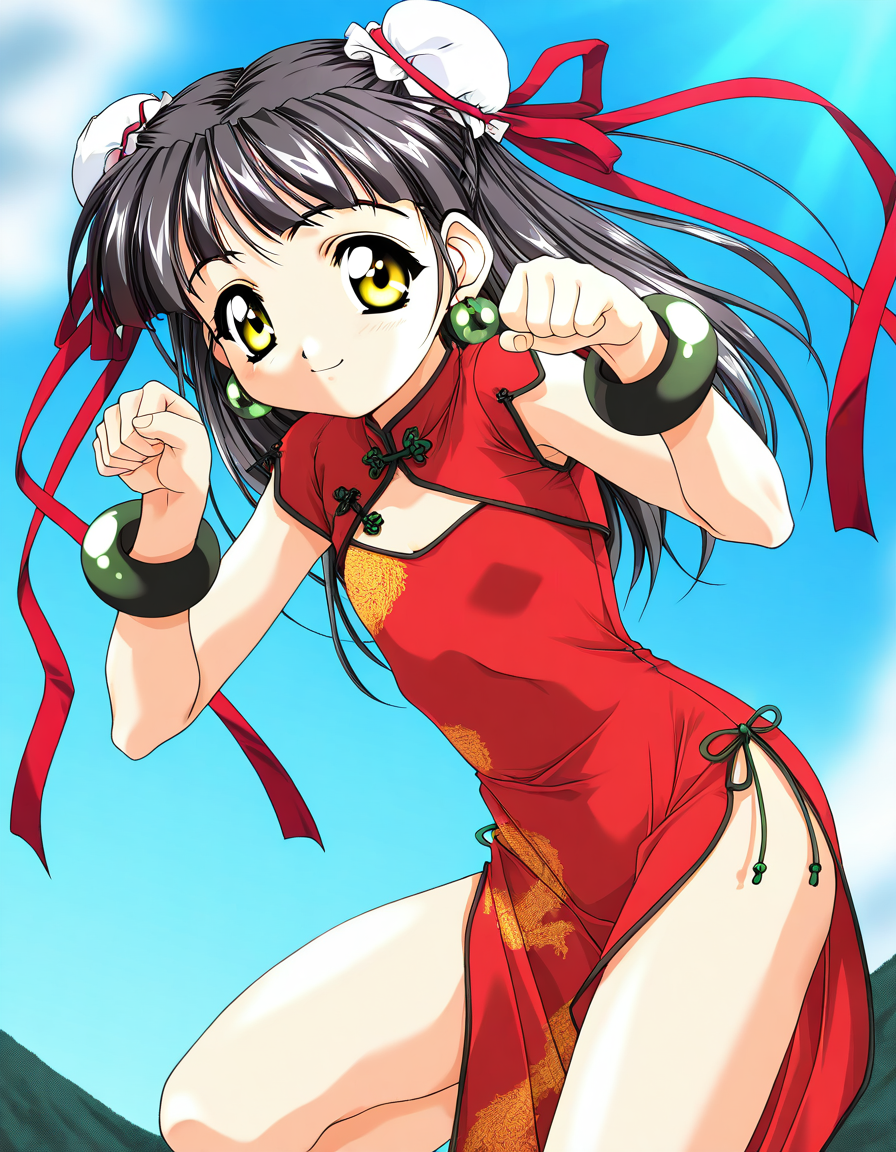 masterpiece, best quality, good quality, <lora:Kounyan_Spiral_NAMI_IS:1>Kounyan, black hair, long hair, double bun, hair bun, bun cover, yellow eyes, ribbon, earrings, flat chest, green jewelry, 2000s \(style\),anime coloring,  short stack,
1girl, solo, chinese clothes, china dress, red dress, smile, paw pose,
bracelet, short hair, 
blue sky,