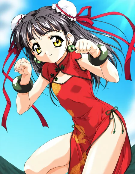 masterpiece, best quality, good quality, <lora:Kounyan_Spiral_NAMI_IS:1>Kounyan, black hair, long hair, double bun, hair bun, bun cover, yellow eyes, ribbon, earrings, flat chest, green jewelry, 2000s \(style\),anime coloring, short stack,
1girl, solo, chinese clothes, china dress, red dress, smile, paw pose,
bracelet, short hair,
blue sky,