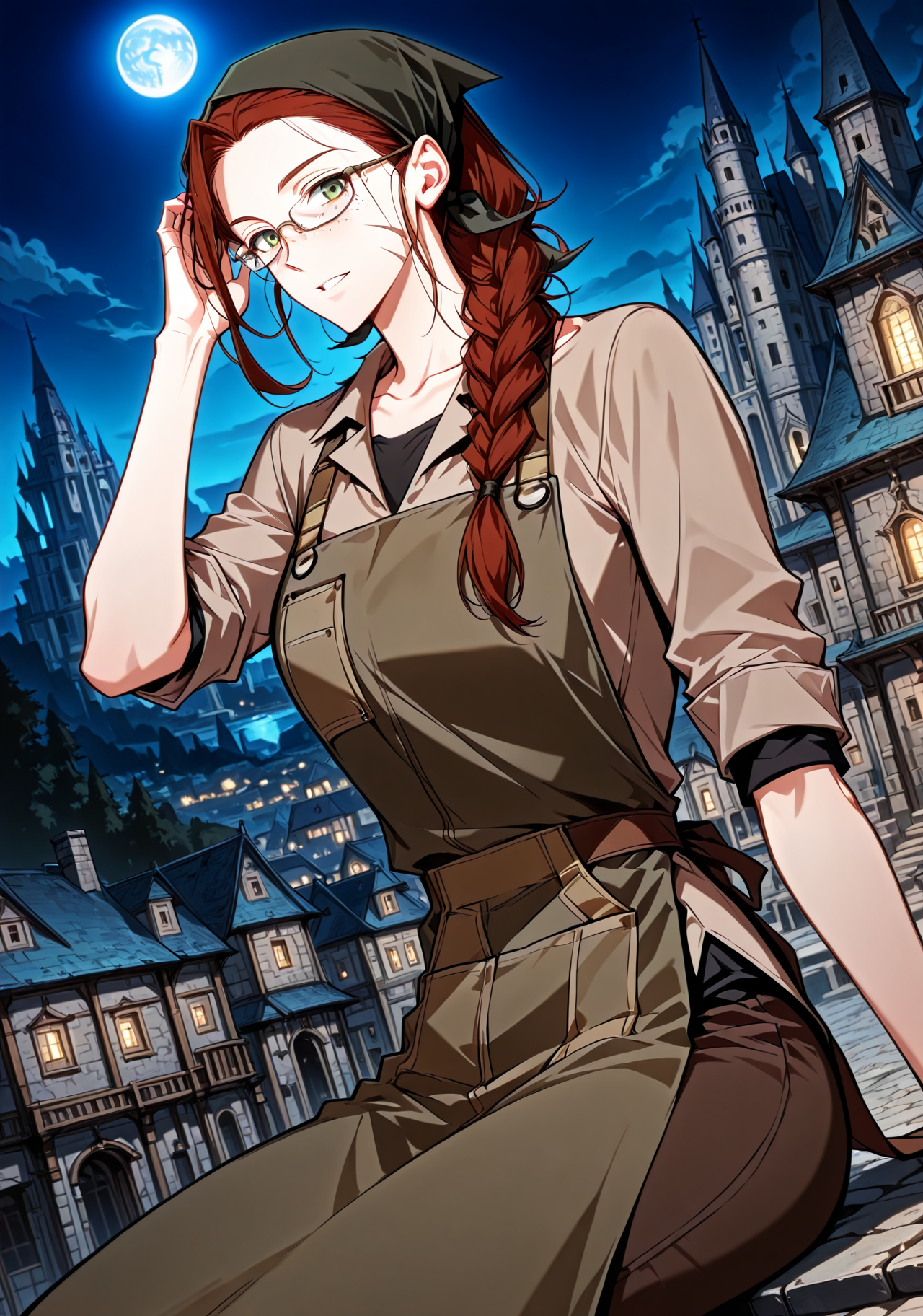 <lora:Eileen_Makefield__Omniscient_Readers_Viewpoint__Illustrious:1>
1 girl, solo, green eyes, red hair, brown hair, braid, single braid, long hair, freckles, head scarf, hair over shoulder, scar on face, braided ponytail,
black shirt, brown shirt, collared shirt, glasses, bandana, brown apron, collarbone, sleeves rolled up, 
score_9, score_8_up, score_7_up, very aesthetic, source_anime, detailed, high quality, beautiful, masterpiece, detailed eyes, castle, village, blurry background, cityscape, pose dynamic angle, light smile, open mouth, hand on hair, sitting, night, blue moon, <lora:iLLMythG0thicL1nes:1>