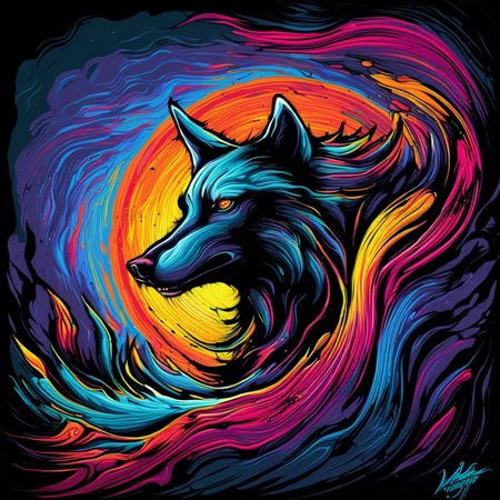 horrifying wolf emerging from darkness by dnmumfrd <lora:dan_mumford_v09:1.7>, vibrant colors, rim lighting,, abstract expressionist painting . energetic brushwork, bold colors, abstract forms, expressive, emotional, expressionist . raw, emotional, dynamic, distortion for emotional effect, vibrant, use of unusual colors, detailed, Pop Art style . bright colors, bold outlines, popular culture themes, ironic or kitsch