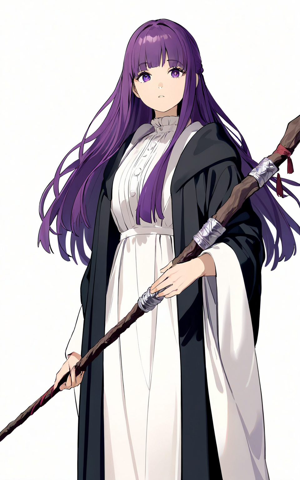 8k, best quality, masterpiece, (ultra-detailed), (high detailed skin), 
upper body, mid shot, standing, looking at viewer, (solo:1.2), simple background, white background, 
<lora:feilun-a3-Tanger:0.8>, fellun, default clothes, black robe, white dress, 1girl, solo, staff, long hair, purple hair,   purple eyes,