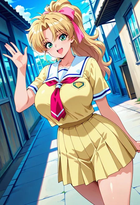 general,highres, ultra-detailed,very aesthetic,best quality ,best hands,best eyes,easynegative,
dynamic anglre, dutch angle, anime cloring,
1girl solo,looking at viewer,school,outdoors, smile, open mouth, waving hand,
Yui Fujimura blonde hair,long_hair, ponytail, green_eyes, hair ribbon, pink ribbon, huge_breasts,school uniform,