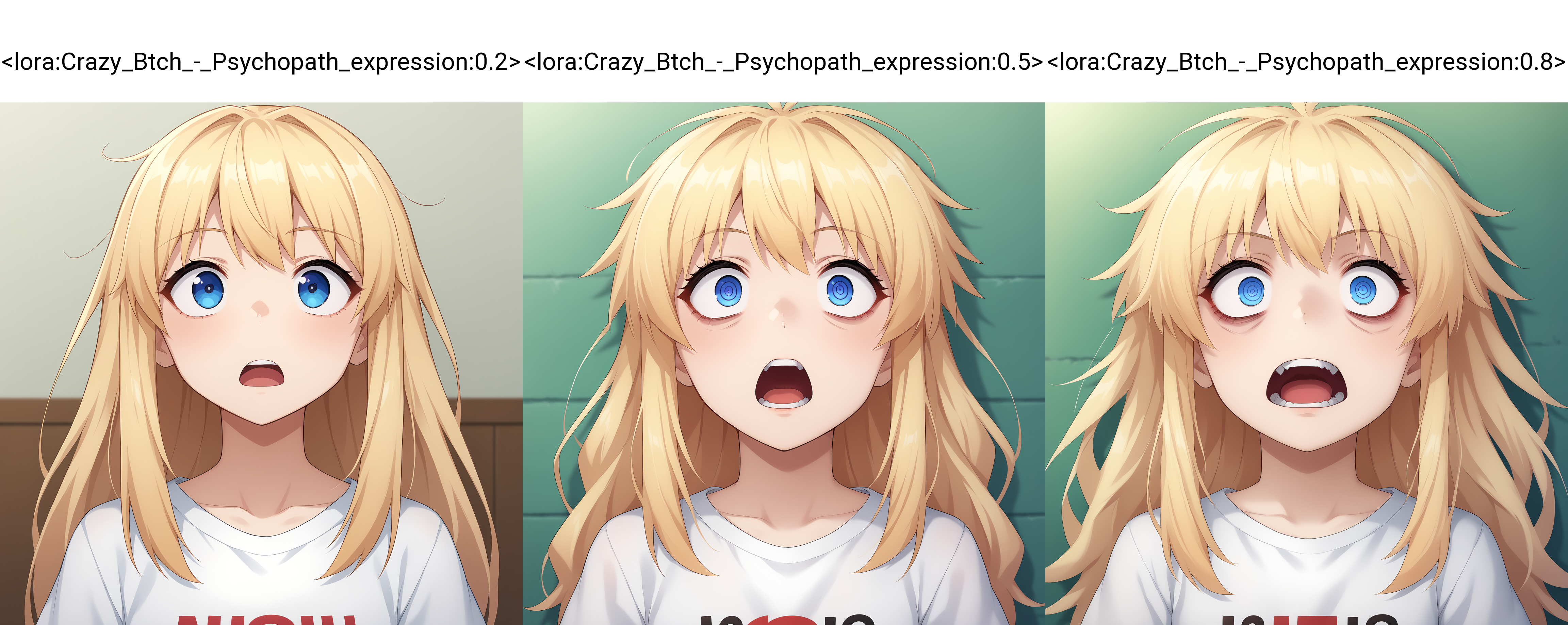 score_9,source_anime,anime style,
<lora:d3t41l3dXLP:0.25>,<lora:m0njy4XLP:0.35>,<lora:susamix010-pony:0.3>,<lora:Crazy_Btch_-_Psychopath_expression:0.2>,psych0path,:o,curious,up close,long hair,white t-shirt,blond hair,open mouth,