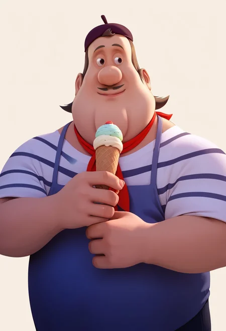 score_9, score_8_up, score_7_up, score_6_up, source_anime, masterpiece, high quality, 8k, ((André, short hair, brown hair, black eyes, small thin mustache, brown mustache, a big round belly, broad shoulders, a chubby neck, white t-shirt, blue stripes, rolled up sleeves, dark-gray pants, dark-blue beret, headwear, a red scarf around his neck, a blue pron)), smile, ice-cream cone on hand, BREAK, simple background, colorful background,