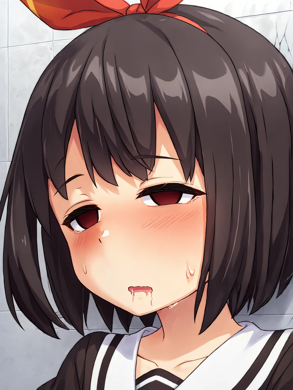 score_9, score_8_up, score_7_up, 
[anime screencap:0.35], anime coloring, cel shading, 
<lora:kujounagisa.pony.v1:0.75>
kujou nagisa, red hair ribbon, portrait, empty eyes, sweatdrop, saliva, half-closed eyes, exhausted, tile wall, close-up, open mouth, blush, expressionless