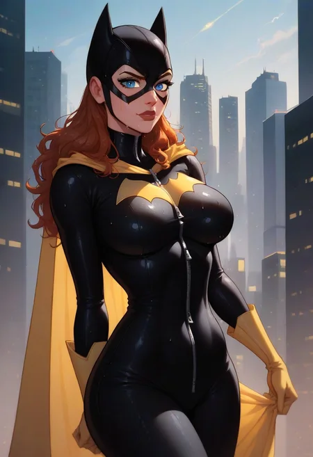 score_9, score_8_up, score_7_up, score_6_up, score_5_up, score_4_up, BREAK, cowboy shot,
batgirl (dc), 1girl, 19 year old girl, blue eyes,(milf:0.4),perfect eyes, large breasts , curvy hips,sweat, wet skin, BREAK,black jumpsuit, (yellow glove:0.6), yellow cape,, midnight, skyscraper, city , shadow, nighttime, BREAK, yellow lights,wet, perfect hands,solo, zipper,