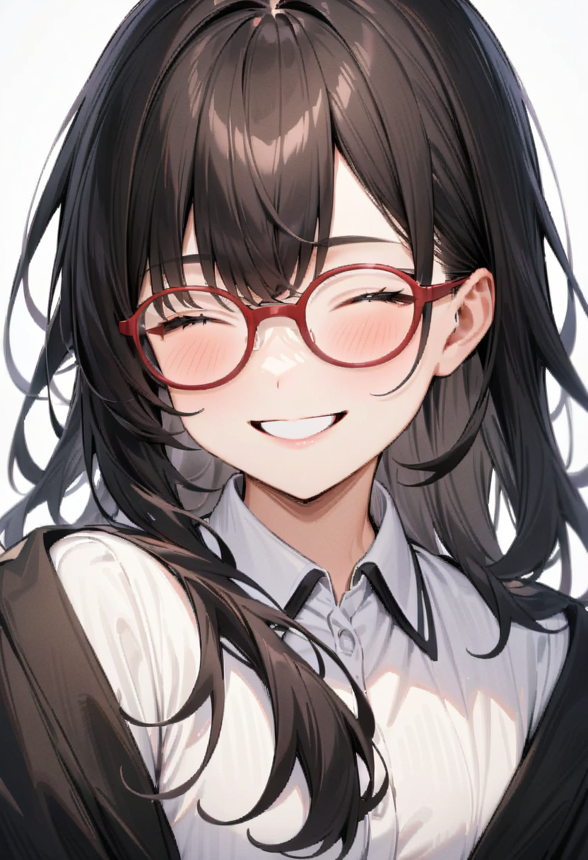 masterpiece, best quality, very aesthetic, absurdres,
1girl, solo, black hair, long hair,
g-boston19s,  glasses, red-framed eyewear,
collared shirt, happy, smile, looking at another, white background, simple background,
<lora:glasses_boston_19s_SDXL_V1:1>