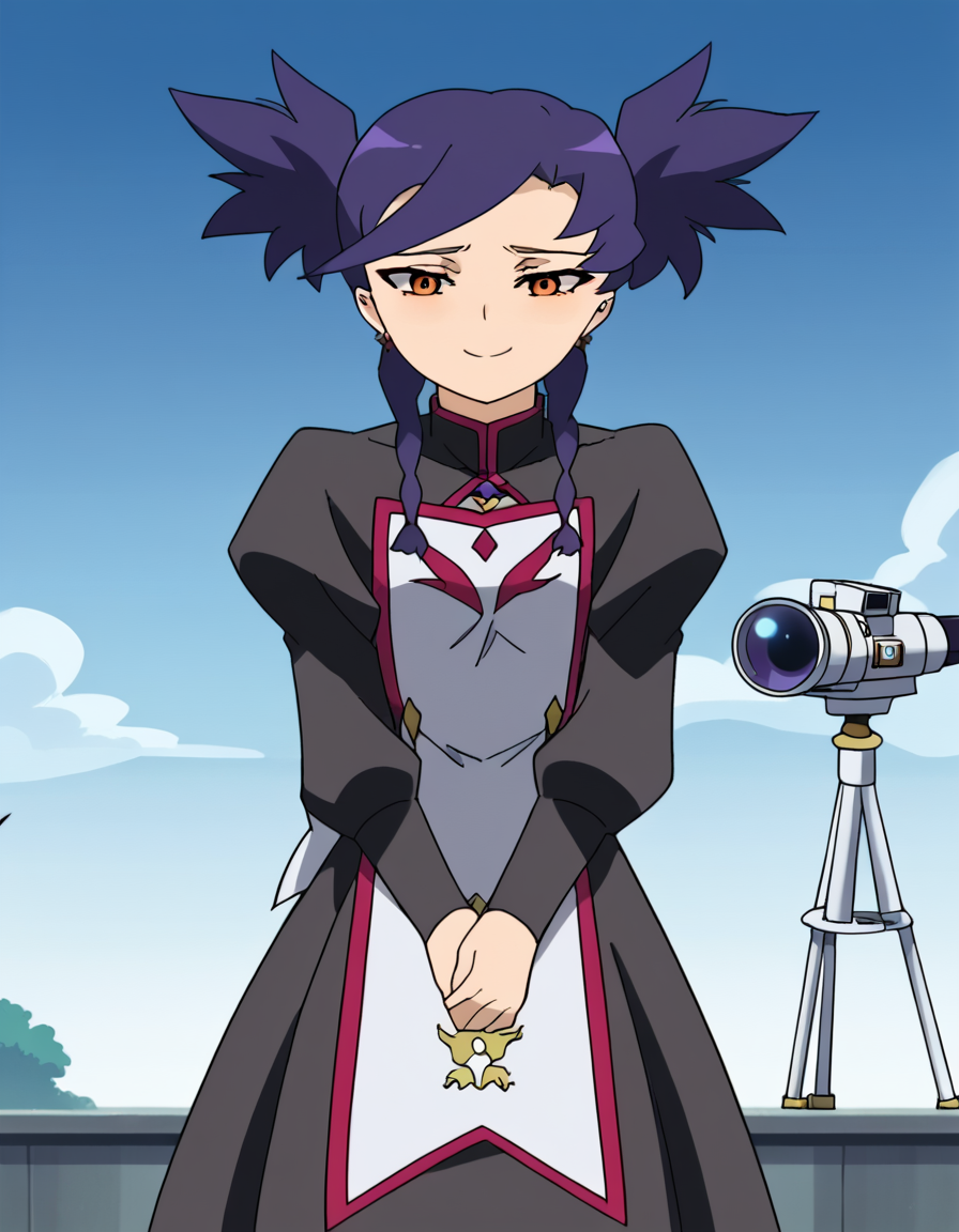 score_9, score_8_up, score_7_up, source_anime, <lora:nina-wang-s1-ponyxl-lora-nochekaiser:1>, nina wang, bangs, twintails, purple hair, braid, twin braids, orange eyes, anime screencap,, long sleeves, dress, jewelry, earrings, puffy sleeves, black dress, juliet sleeves,, observatory, telescope, stars, space, roof, smile, <lora:sad-cat-dance-ponyxl-lora-nochekaiser:1> sad cat dance, sad cat dance (meme), dancing, paw pose, palms together, bouncing breasts, neck bell, cat ear hairband, fake animal ears,, blush, closed eyes, embarrassed,, cowboy shot, looking at viewer,, looking at viewer, solo,, dutch angle, cowboy shot