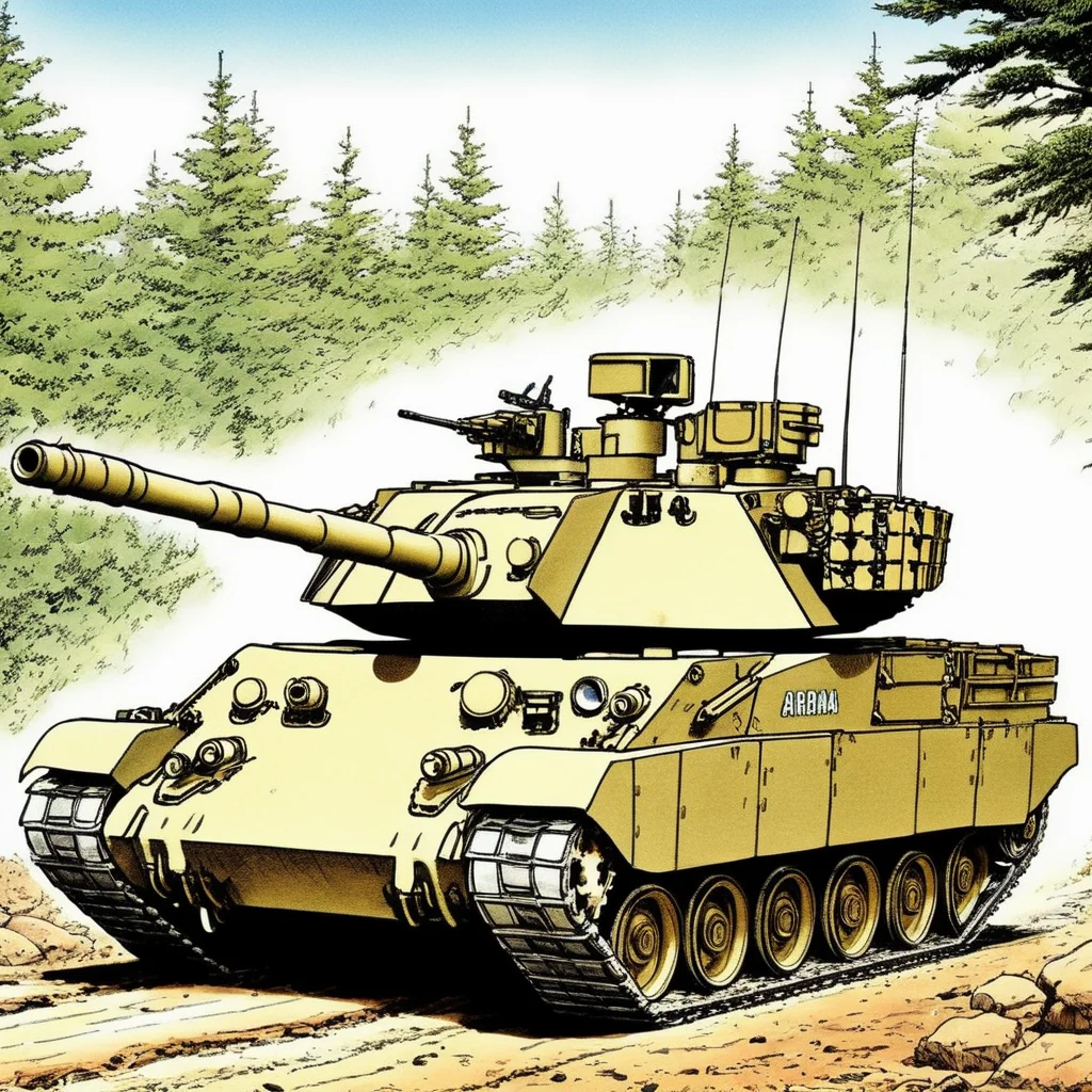 <lora:Akira_Toriyama_vehicle:1> M1 Abrams battle tank, manga style, full color, akira toriyama, hand drawing, super detailed, <lora:add-detail-xl:1>, cute, cartoonized