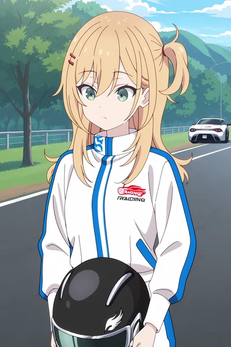 volumetric lighting, official style, amazing quality, ultra detailed, highres, detailed background, anime screenshot, anime screencap, anime coloring, masterpiece, detailed face,1girl <lora:nana_hoshi__-20:0.9>nana_hoshi, blonde hair, long hair, green eyes, hair ornament, bangs, one side up, hair between eyes, solo, long sleeves, closed mouth, standing, racing suit, racing outfit, holding racing helmet, outdoors, sky, day,tree, ground vehicle, motor vehicle, emblem, car, road, vehicle focus, sports car,