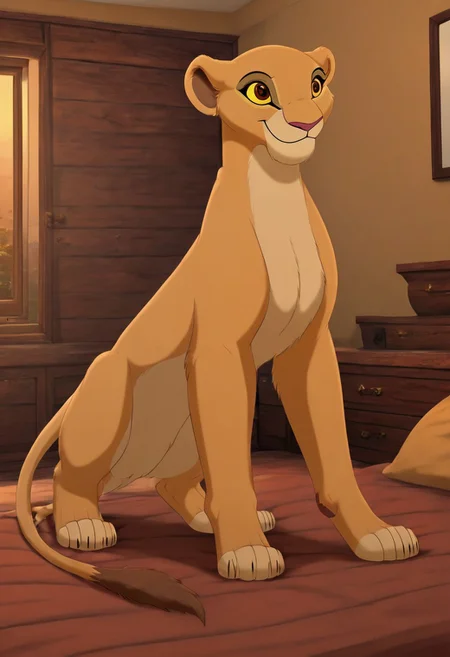 solo, fullbody,feral,  kiara, lioness, female lion, yellow sclera. reddish brown eyes, detailed eyes,  1girl, solo, smile, bedroom,  hires, ultra detailed