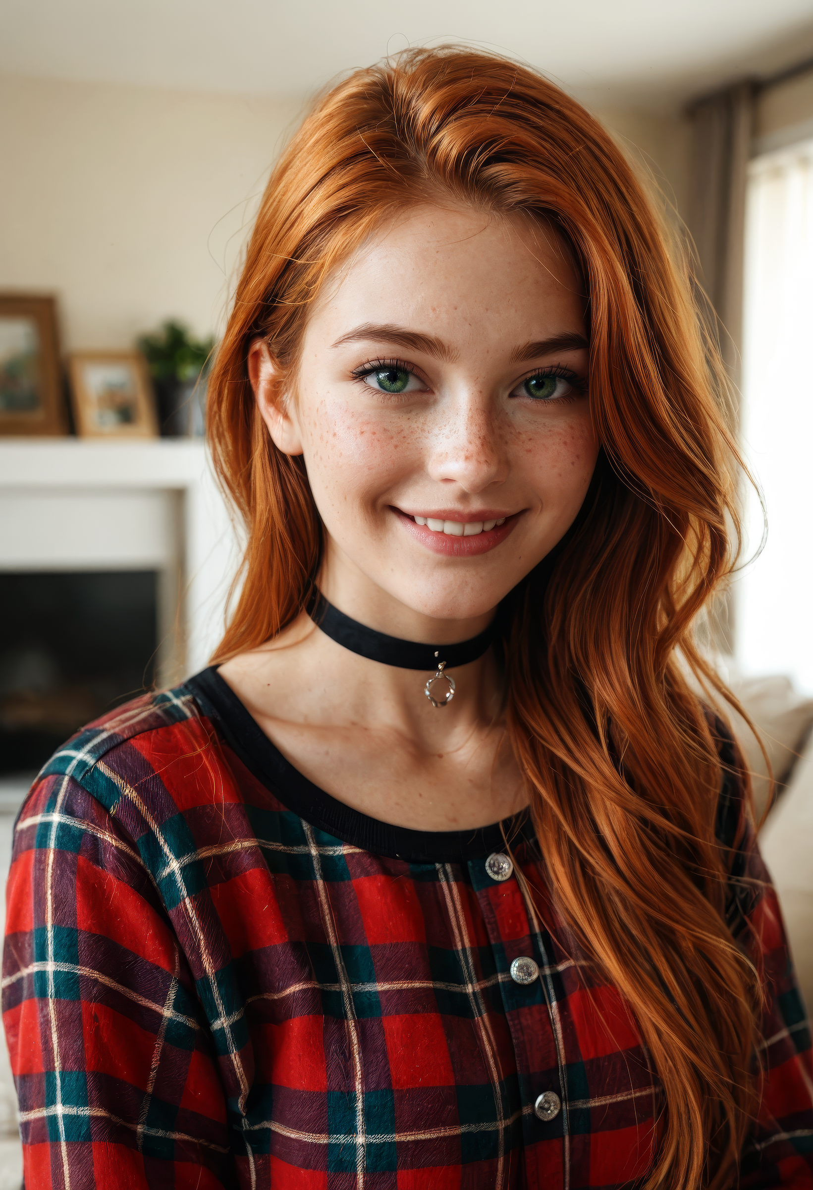 score_9, score_8_up, score_7_up, high detailed texture, photograph, realistic,
upper body, close up, cute woman, beautiful, 20 years old, dreamy, green eyes, freckles, soft smile, shoulder length ginger hair at side, living room, flannel shirt, black choker